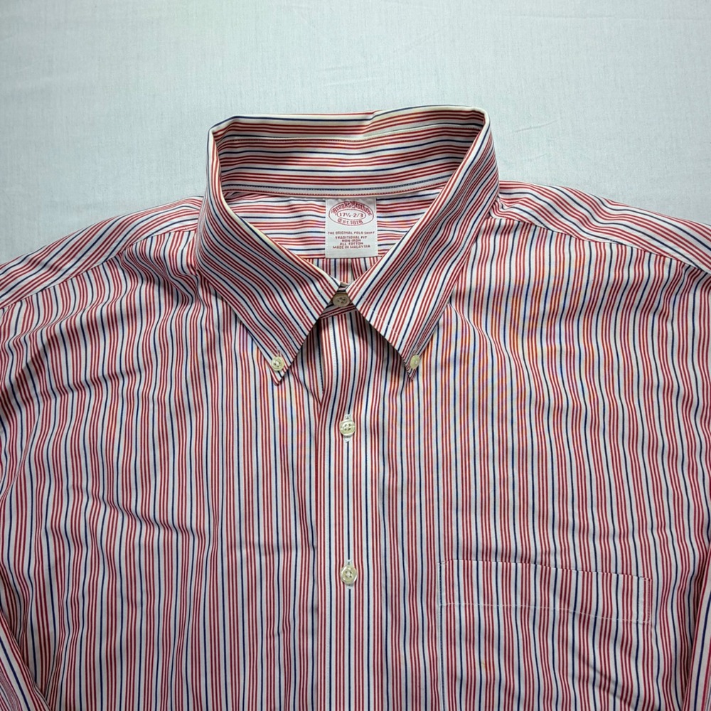 Brooks Brothers Traditional Fit Button‎ Down Shirt Men 17.5 2/3 Red Blue Stripe
